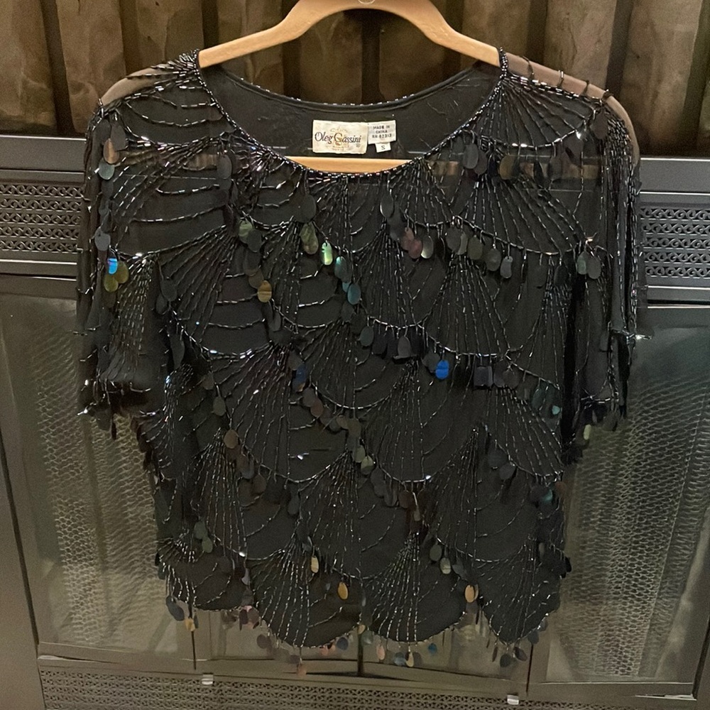 Oleg Cassini Vintage Black Beaded Top Size Small
